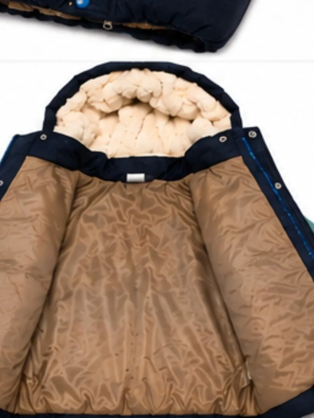 H&M Baby Color Block Hooded Puffer Winter Jacket Navy Teal Tan – Size 12–18 Mont